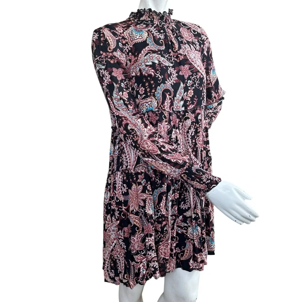 Anthropologie “Cady” Black Paisley Print Long Sleeve Mockneck Babydoll Dress XS